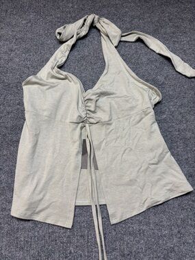 NWT See You Monday Ruched Halter Top Tie Front Backless Y2K Sage Green/Grey M